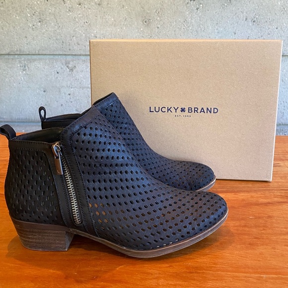 Lucky Brand Sz 8 Black Basel Perforated Leather Bootie 1.5” block heel - Picture 1 of 11